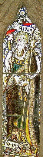 St. Aidan stained glass, St. Oswald's, Dean